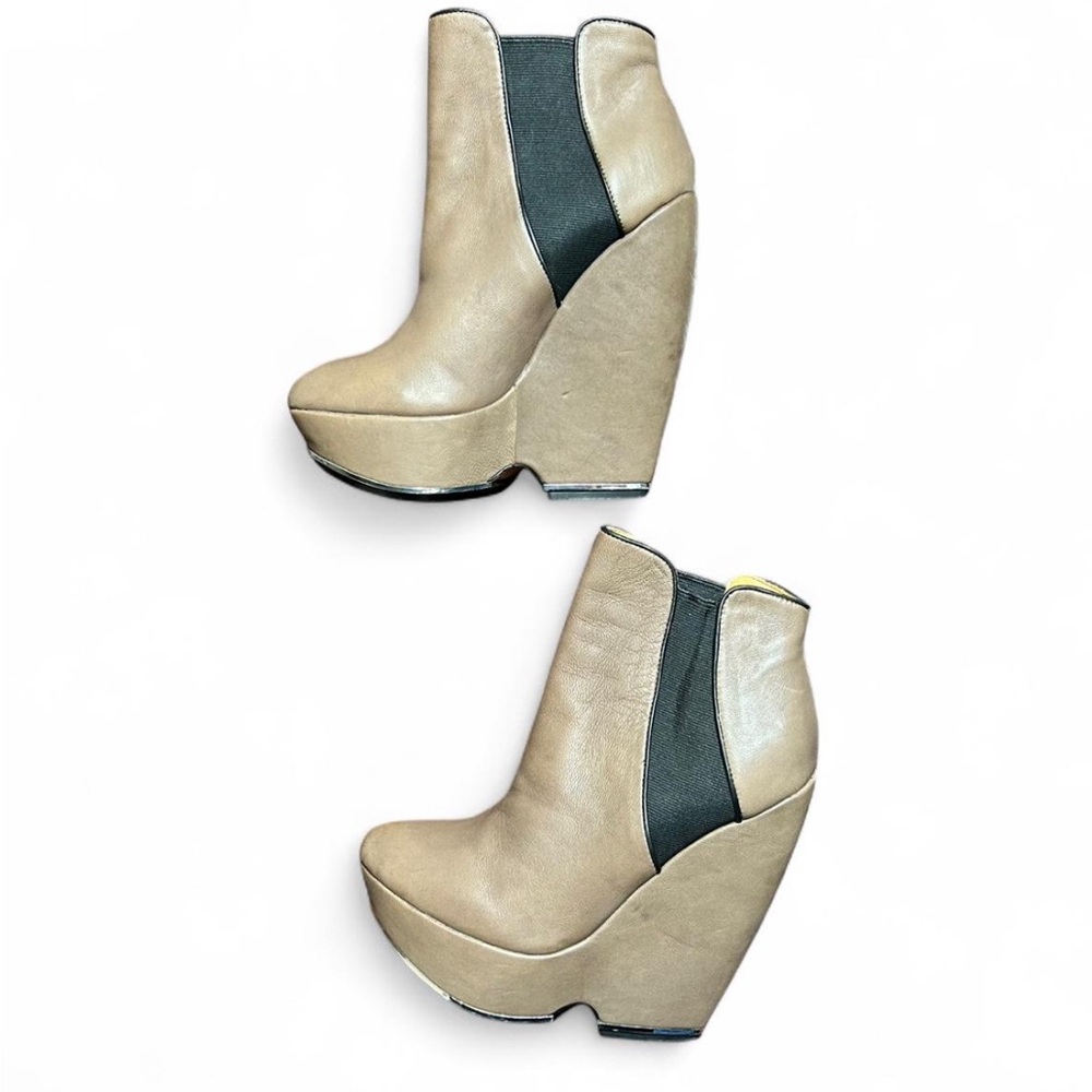 L.A.M.B. Tan and Black Wedge Ankle Boots - Picture 6 of 9